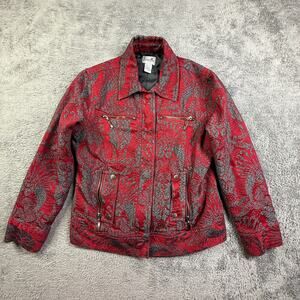 Chico's Textured Floral Jacket Snap Button Size 1 Red Colorful Art to Wear Boho